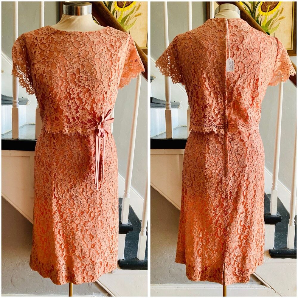1960s 1950s Dusty Pink Peach Salmon Lace Wiggle Pencil Dress Rockabilly Pinup